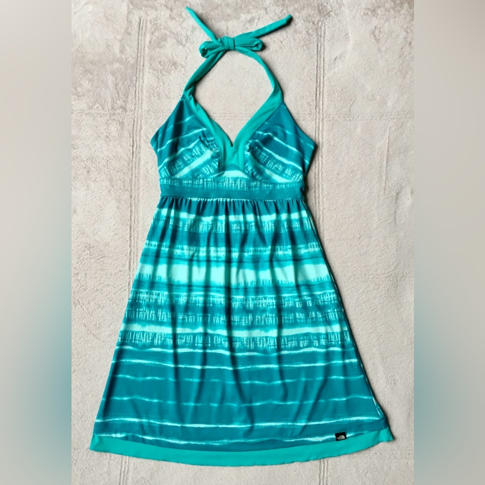 THE NORTH FACE Halter Mini Dress, SMALL, Turquoise Blue/White, Ties at Neck, EUC